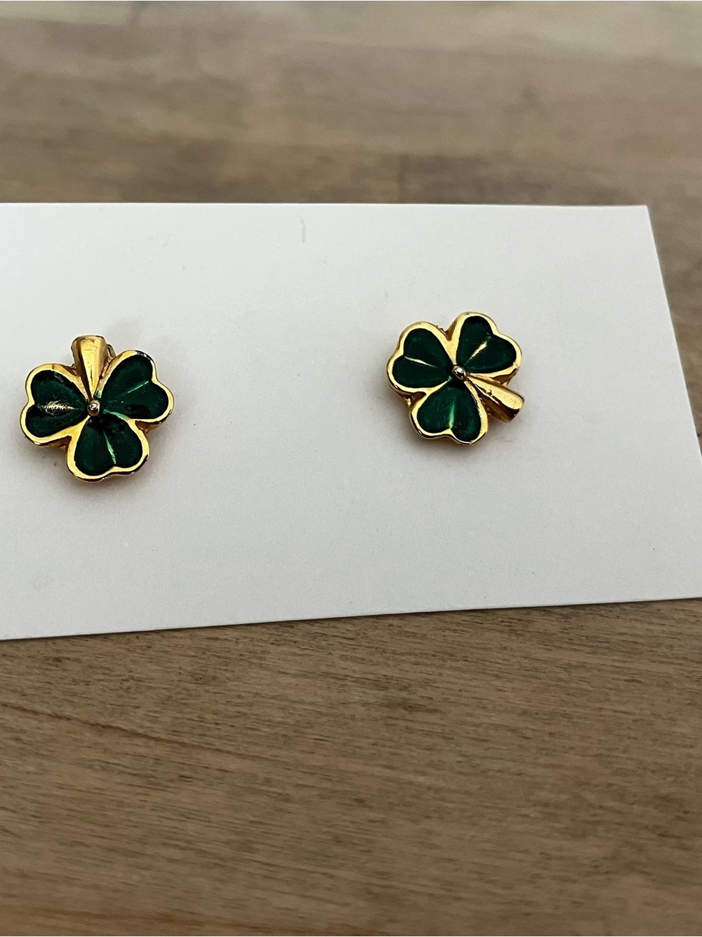 Vintage Green Enamel Clover leaf Stud Earrings - Miniature gold tone metal